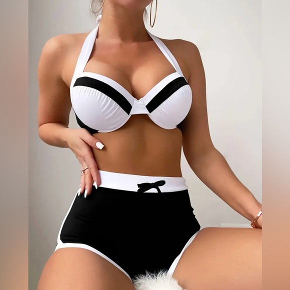 Black White Color Block Halter Push Up Bikini Set - Picture 4 of 8